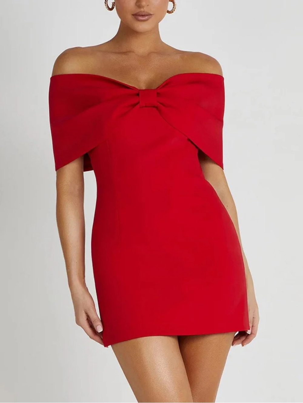 Angel Biba Red Off-Shoulder Mini Dress with Front Bow